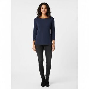 Ann Taylor Navy Blue Textured Boat Neck 3/4 Sleeve Top Size L